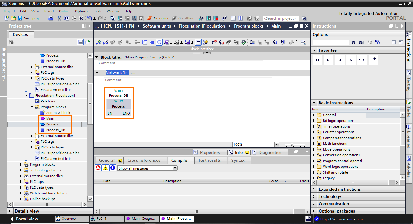 Figure 1.17 - Siemens TIA Portal Software Units | Creating a Process FB and its instance DB in the flocculation unit