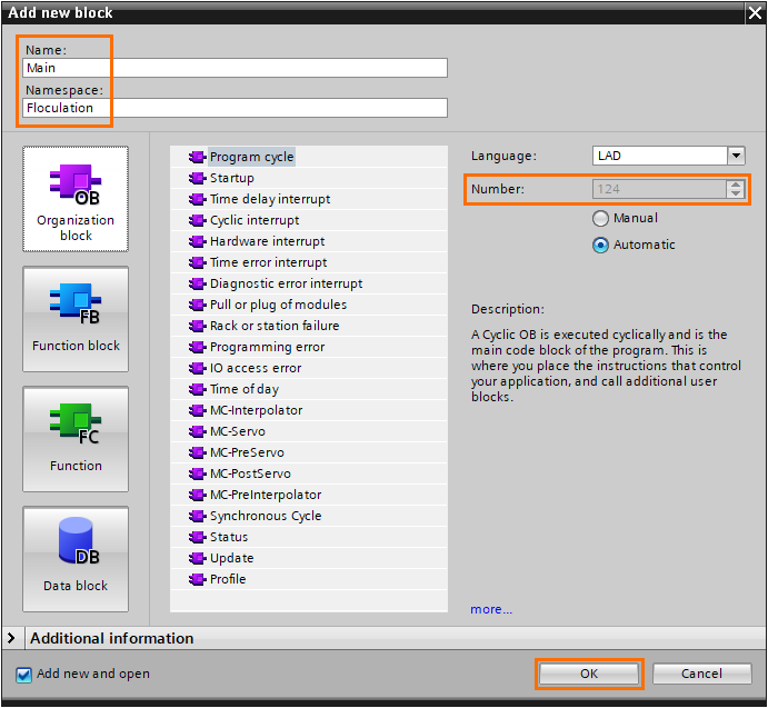 Figure 1.16 - Siemens TIA Portal Software Units | Adding a main program to the flocculation unit