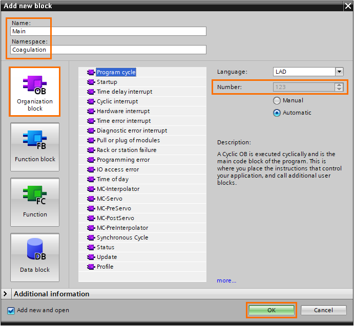 Figure 1.10 - Siemens TIA Portal Software Units | Creating a new main program in the coagulation unit