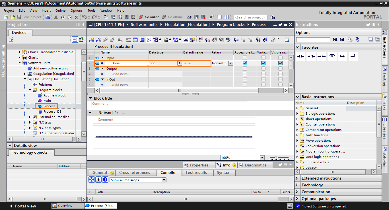 Figure 1.20 - Siemens TIA Portal Software Units | Adding an input to the FB’s interface