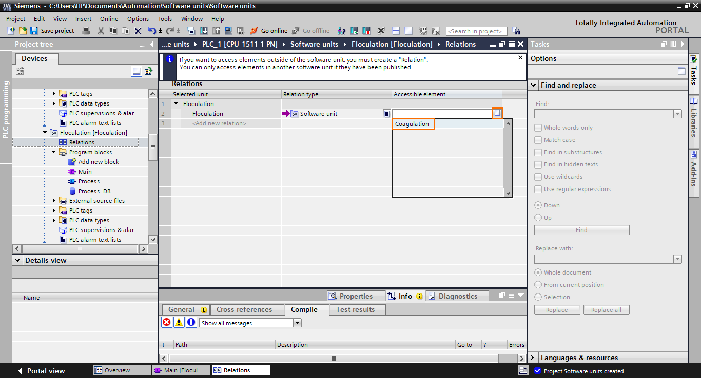 Figure 1.24 - Siemens TIA Portal Software Units | Setting the Accessible element to the coagulation unit