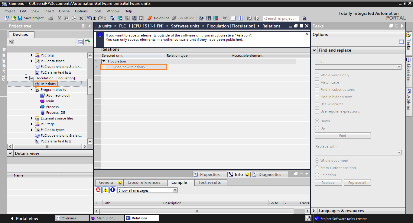 Figure 1.22 - Siemens TIA Portal Software Units | Creating a new relation