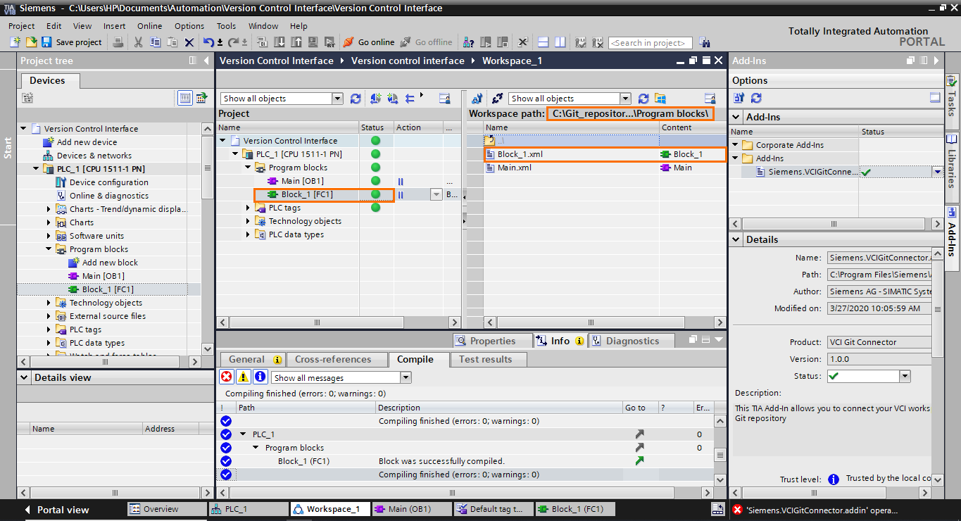 Figure 2.8 - Git / Version Control for PLCs | Adding the FC block to the workspace