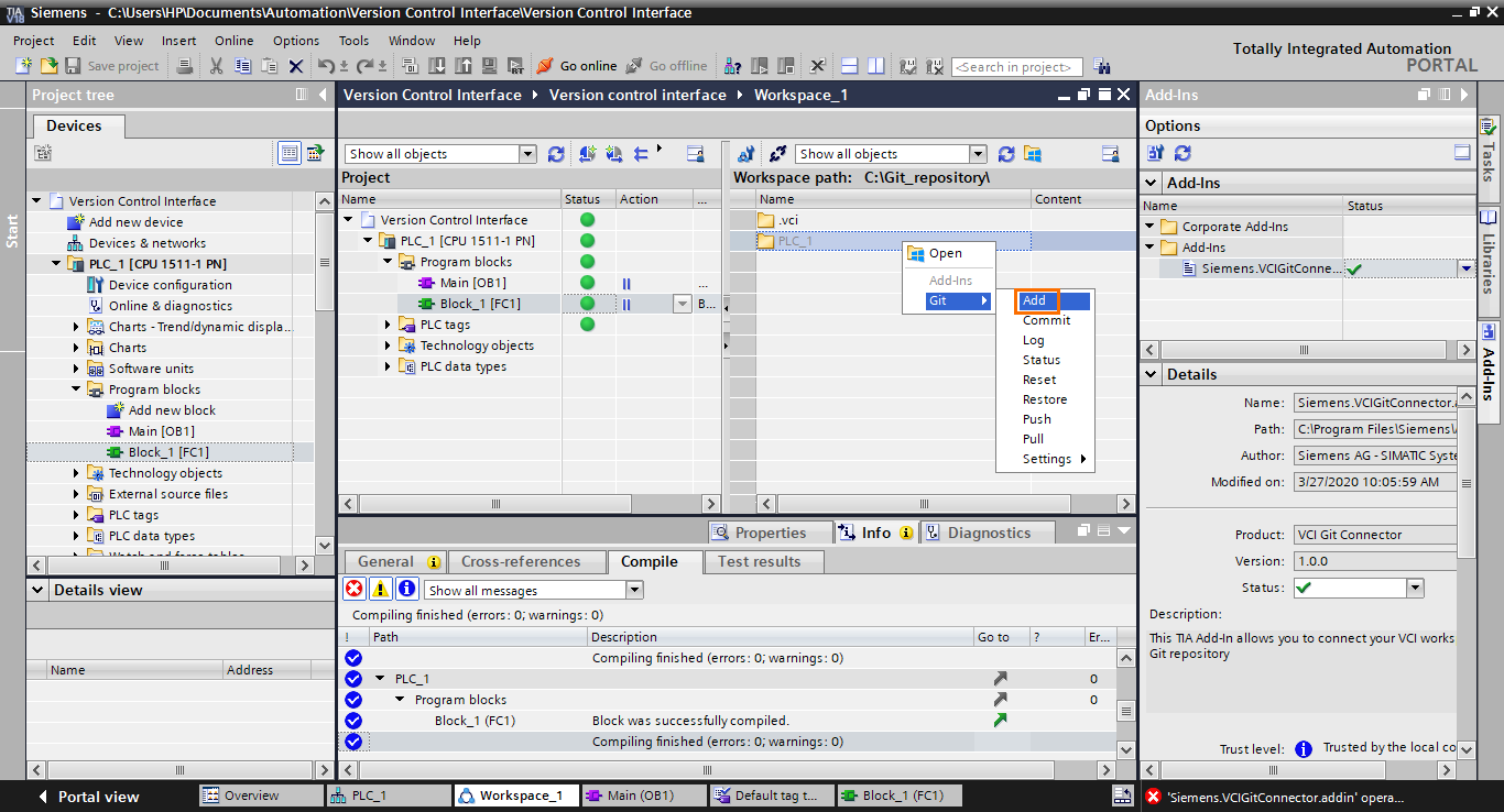 Figure 2.9 - Git / Version Control for PLCs | Performing a “add” from the workspace