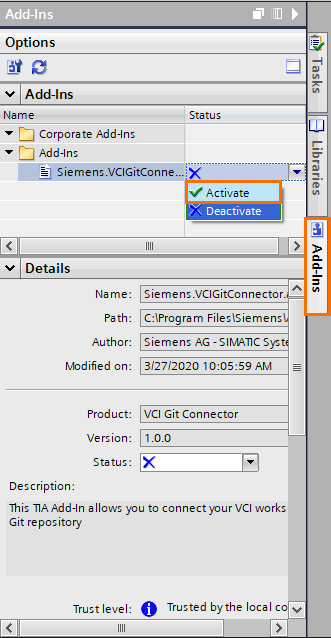 Figure 2.3 - Git / Version Control for PLCs | Activating the Add-In