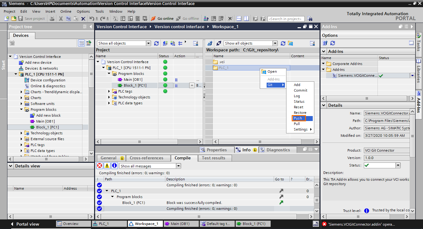 Figure 2.12 - Git / Version Control for PLCs | Performing a “push” from the workspace