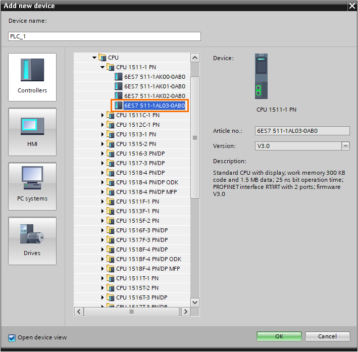 Figure 1.2 - Siemens TIA Portal Libraries | Selecting a 1511 CPU