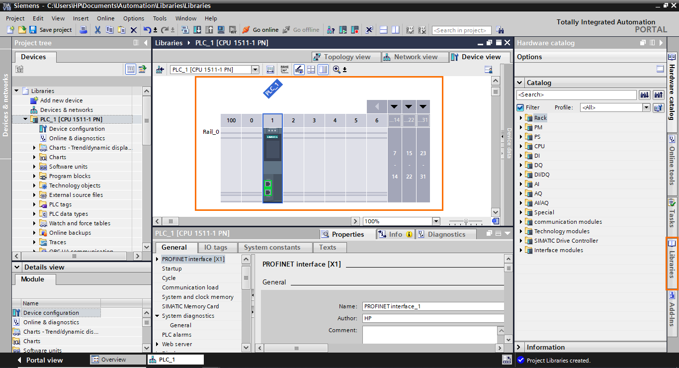 Figure 1.3 - Siemens TIA Portal Libraries | The station is added to the project