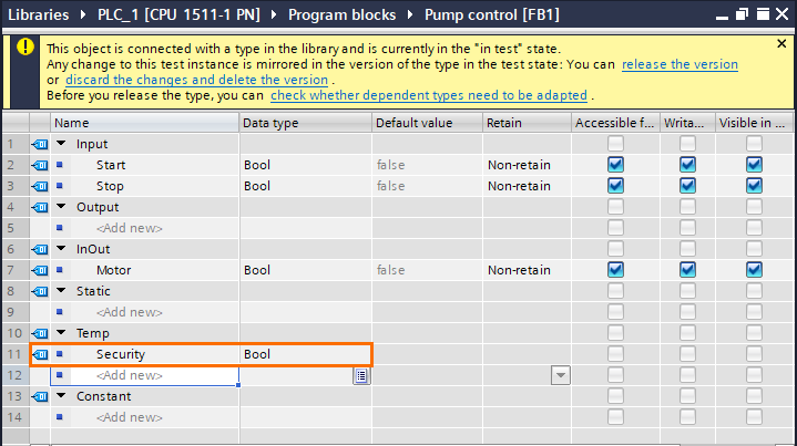 Figure 2.12 - Siemens TIA Portal Libraries | Adding a security temp boolean