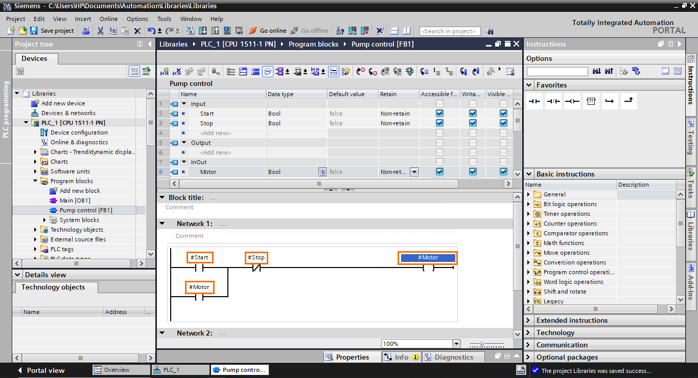 Figure 2.6 - Siemens TIA Portal Libraries | Adding the I/Os to the program