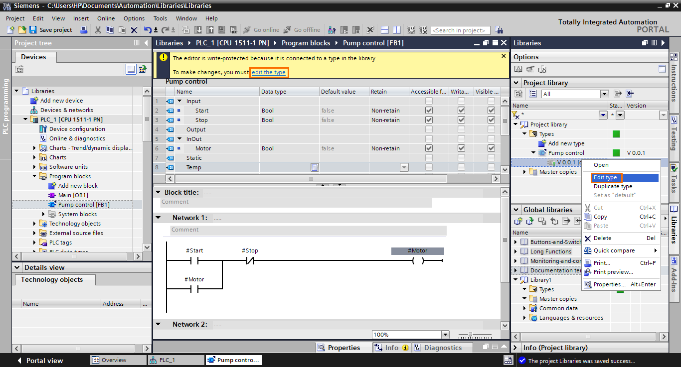 Figure 2.10 - Siemens TIA Portal Libraries | Editing the type