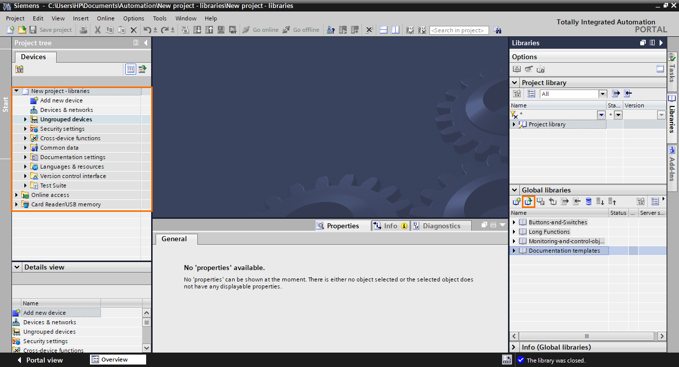 Figure 4.1 - Siemens TIA Portal Libraries | Creating a new TIA Portal project and opening the global library