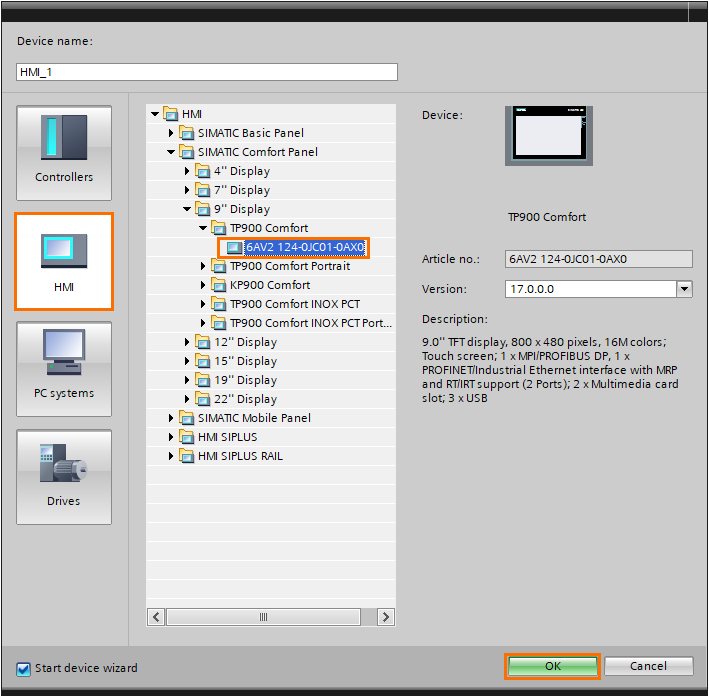 Figure 3.6 - Siemens TIA Portal Libraries | Selecting an HMI panel