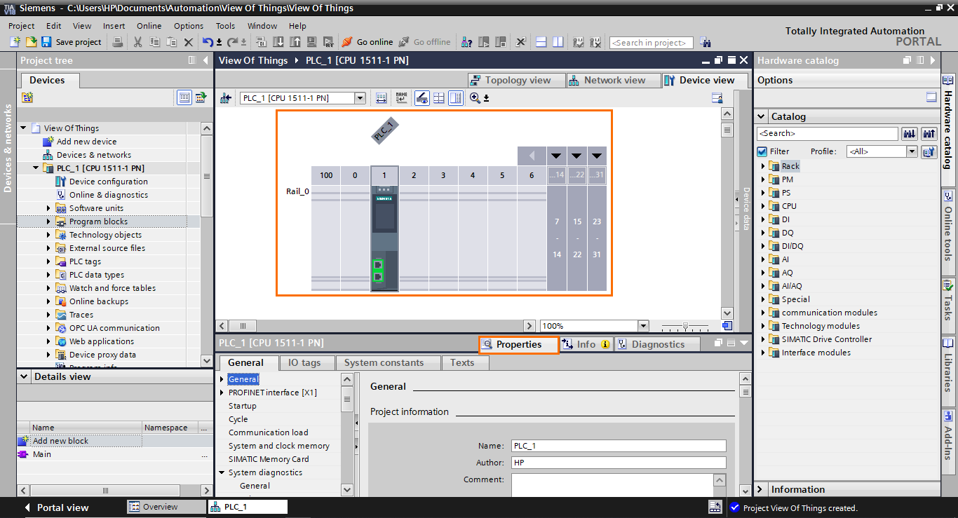 Figure 1.3 - TIA Portal View of Things | The station is created