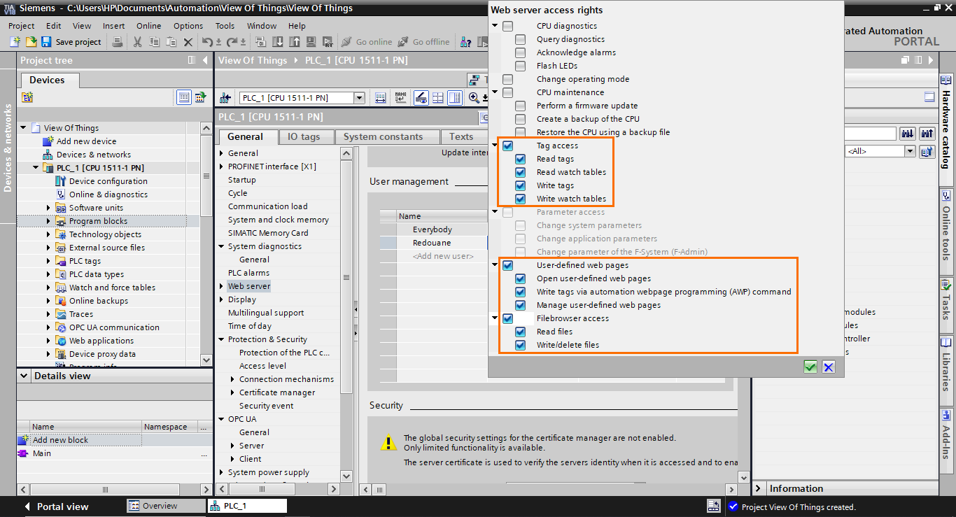 Figure 1.8 - TIA Portal View of Things | Defining the user’s access rights