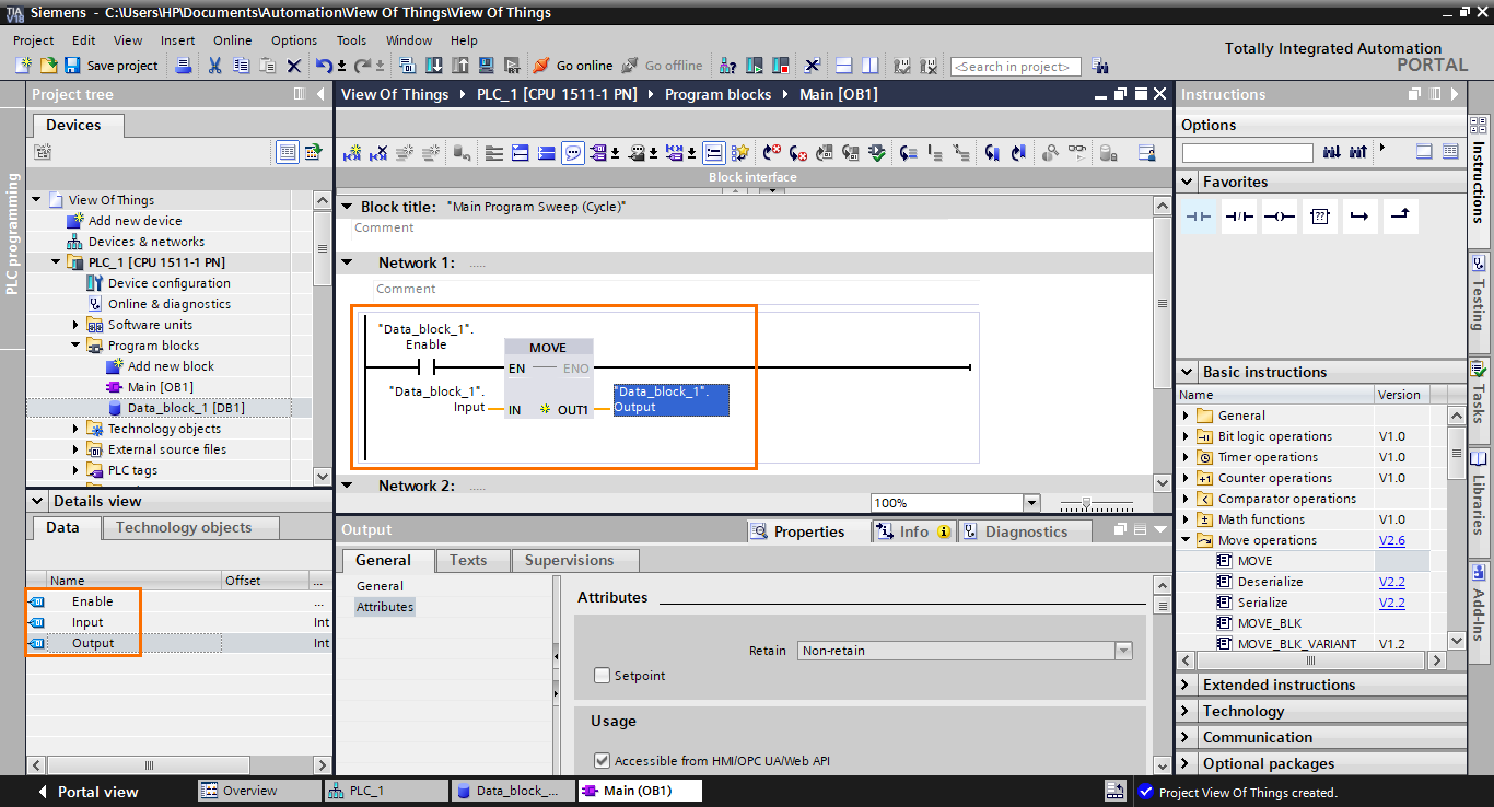 Figure 1.15 - TIA Portal View of Things | Adding the DB elements to the program