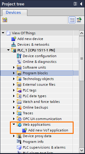 Figure 1.16 - TIA Portal View of Things | Adding a new VOT application