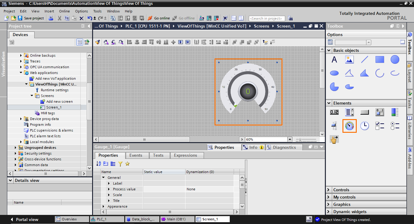 Figure 1.19 - TIA Portal View of Things | Adding a gauge