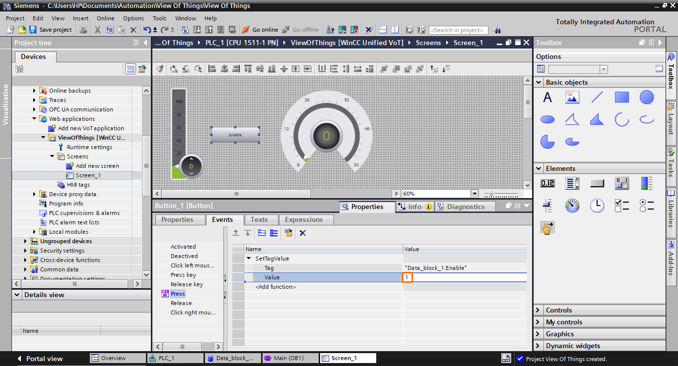 Figure 1.28 - TIA Portal View of Things | Setting the value to “1”