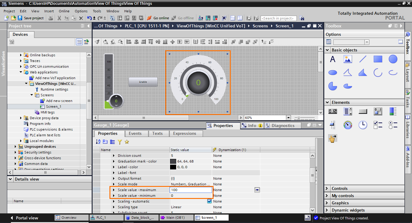 Figure 1.32 - TIA Portal View of Things | Setting the gauge’s scale values