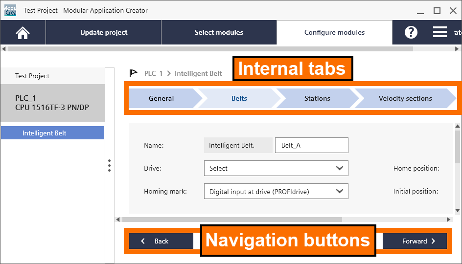 Figure 5.2 - TIA Portal Modular Application Creator | Using internal tabs and navigation buttons to switch between configuration parameters of the chosen Equipment Module in Modular Application Creator