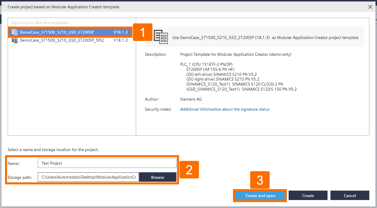 Figure 3.2 - TIA Portal Modular Application Creator | Assigning a name to the created Modular Application Creator project and designate its storage path