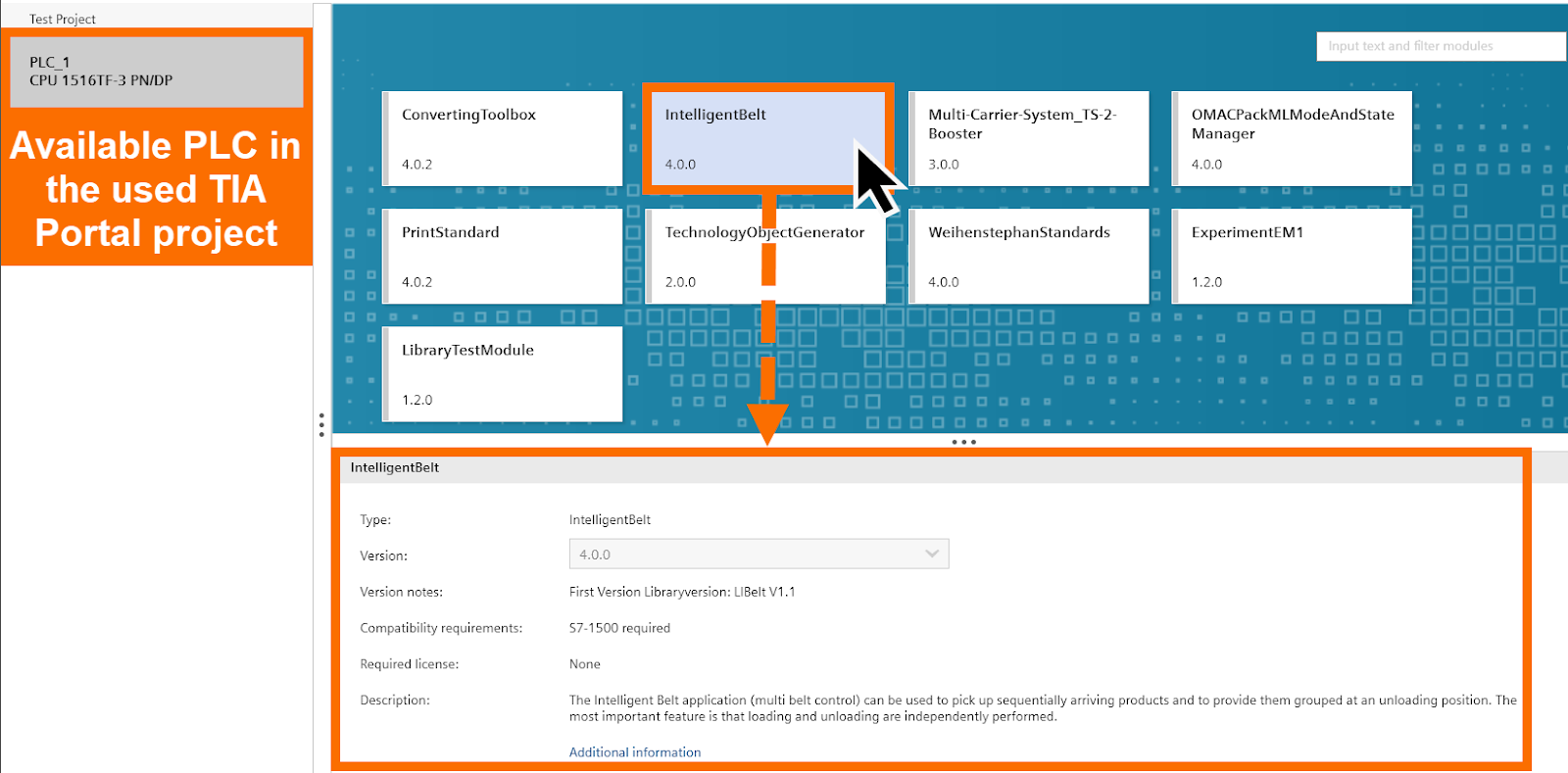 Figure 4.1 - TIA Portal Modular Application Creator | Selecting the desired Equipment Module in the Modular Application Creator 