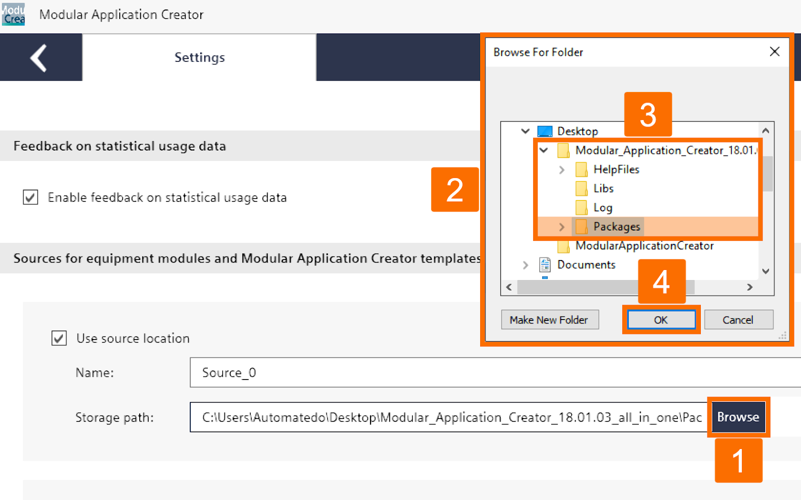 Figure 2.4 - TIA Portal Modular Application Creator | Linking the Equipment Modules with the Modular Application Creator - Locating the Equipment Modules’ folder