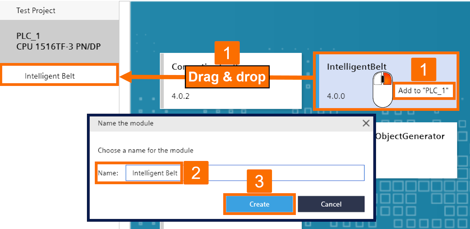 Figure 4.2 - TIA Portal Modular Application Creator | Assigning the selected Equipment Module to the PLC in the Modular Application Creator