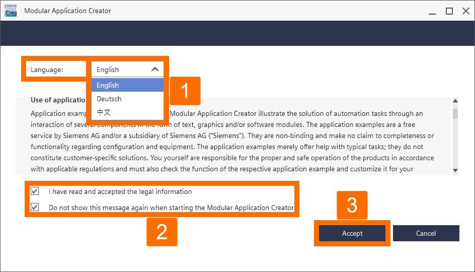 Figure 2.2 - TIA Portal Modular Application Creator | Accepting terms and conditions provided in the Modualr Application Creator legal disclaimer