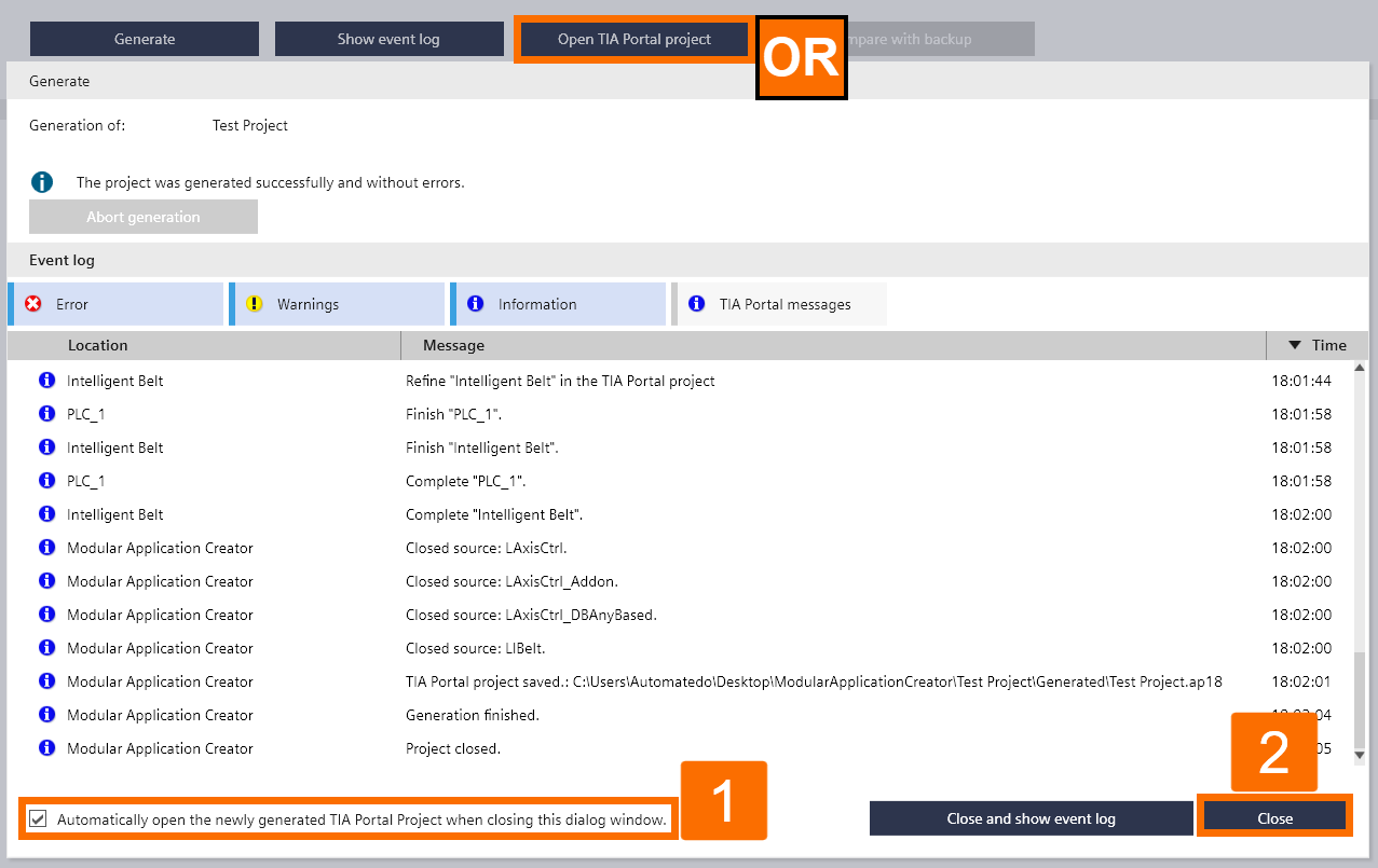 Figure 6.3 - TIA Portal Modular Application Creator | Opening the created TIA Portal project through the Modular Application Creator