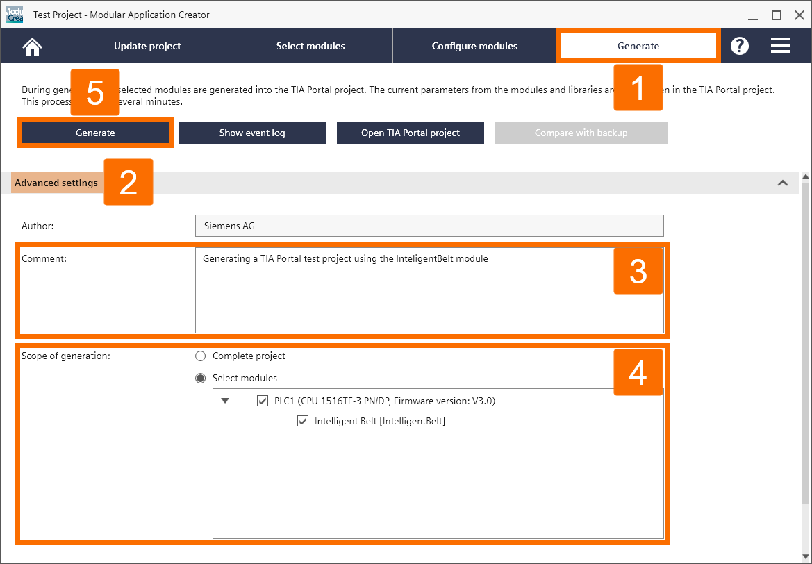 Figure 6.1 - TIA Portal Modular Application Creator | Entering a comment and modifying the generation scope before generating the final TIA Portal project in the Modular Application Creator