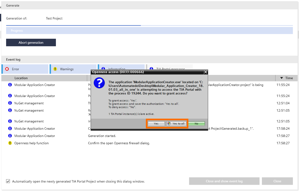 Figure 6.2 - TIA Portal Modular Application Creator | Accepting the Openness Firewall dialog to commence the generation process in the Modular Application Creator