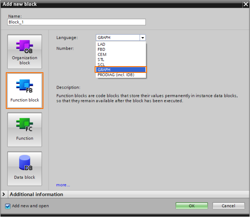 Figure 1.4 - TIA Portal GRAPH Language | Selecting the GRAPH language