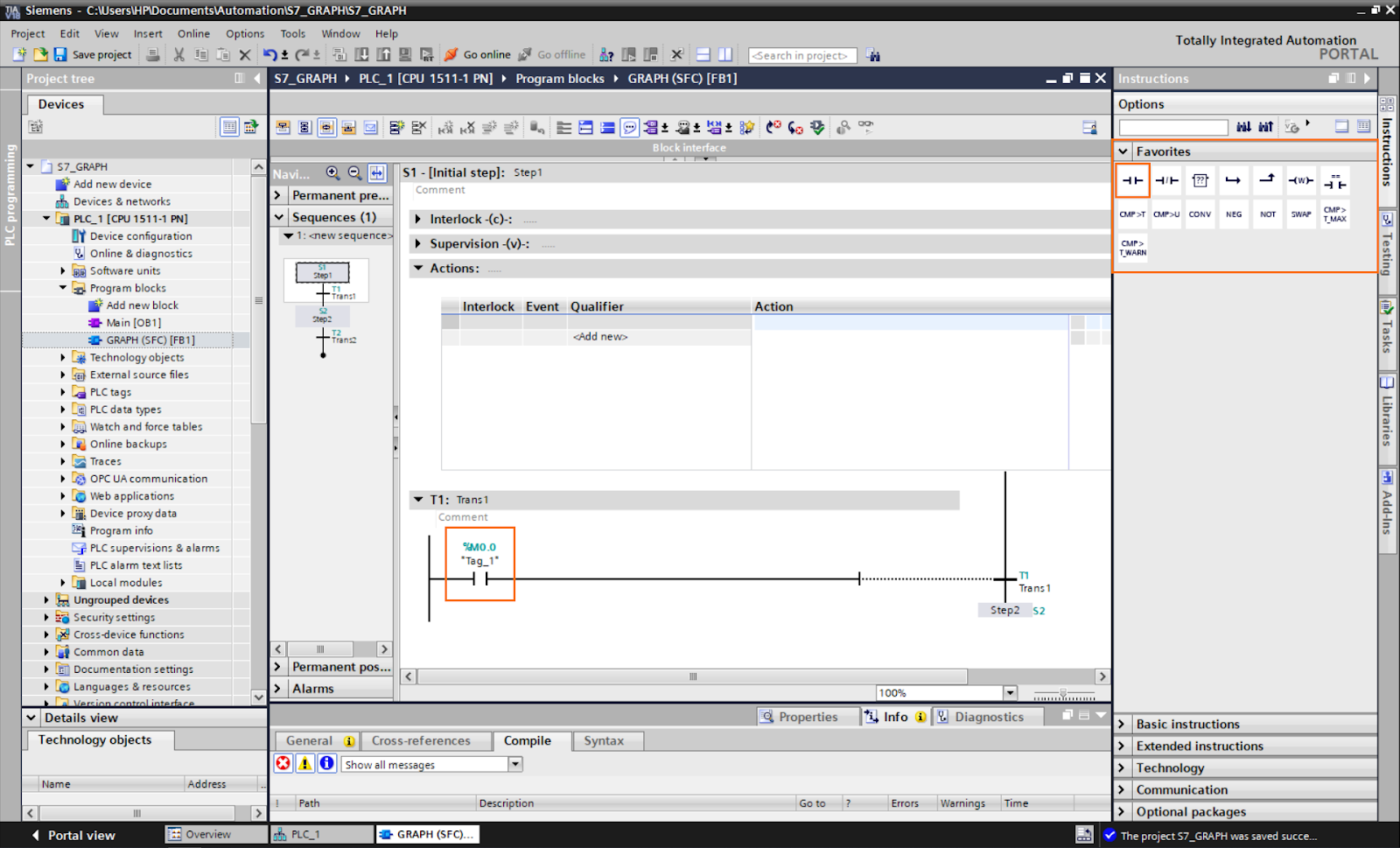 Figure 3.3 - TIA Portal GRAPH Language | Adding a NO contact to the transition