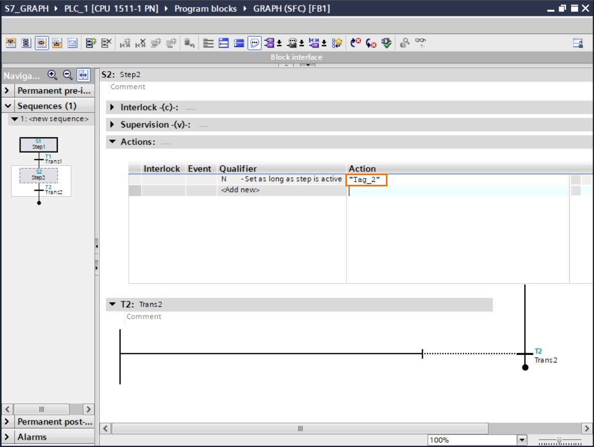 Figure 3.7 - TIA Portal GRAPH Language | Adding a tag to the action