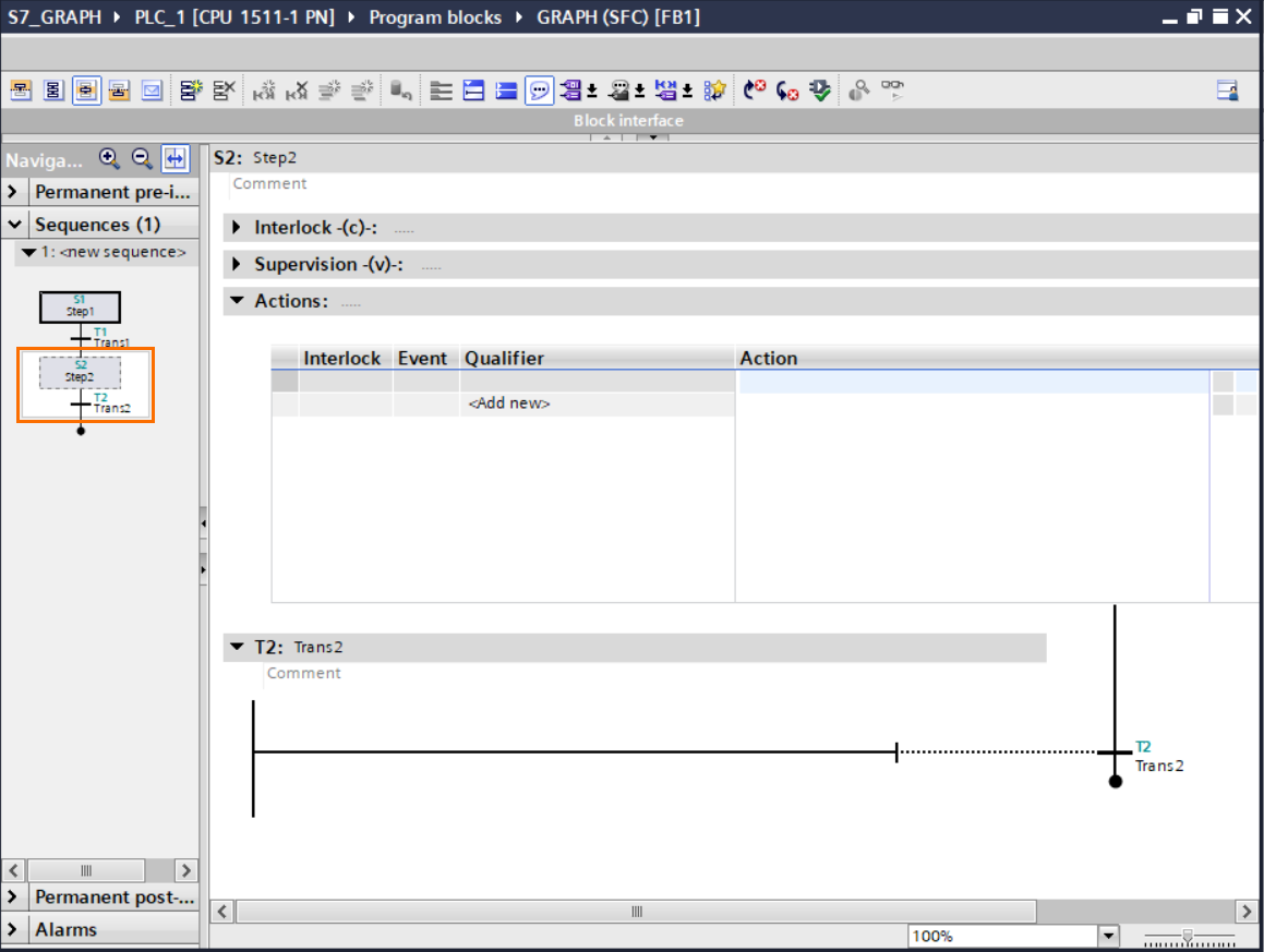 Figure 3.4 - TIA Portal GRAPH Language | Selecting the Step 2/ Transition 2 pair