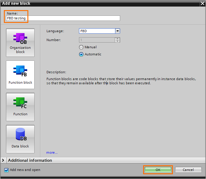 Figure 1.5 - TIA Portal Function Block Diagram (FBD) PLC Programming | Naming and creating the FB