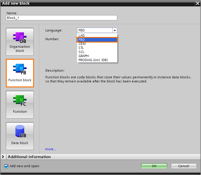 Figure 1.4 - TIA Portal Function Block Diagram (FBD) PLC Programming | Selecting the FBD language