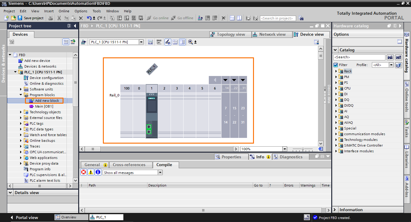 Figure 1.3 - TIA Portal Function Block Diagram (FBD) PLC Programming | Adding a new block