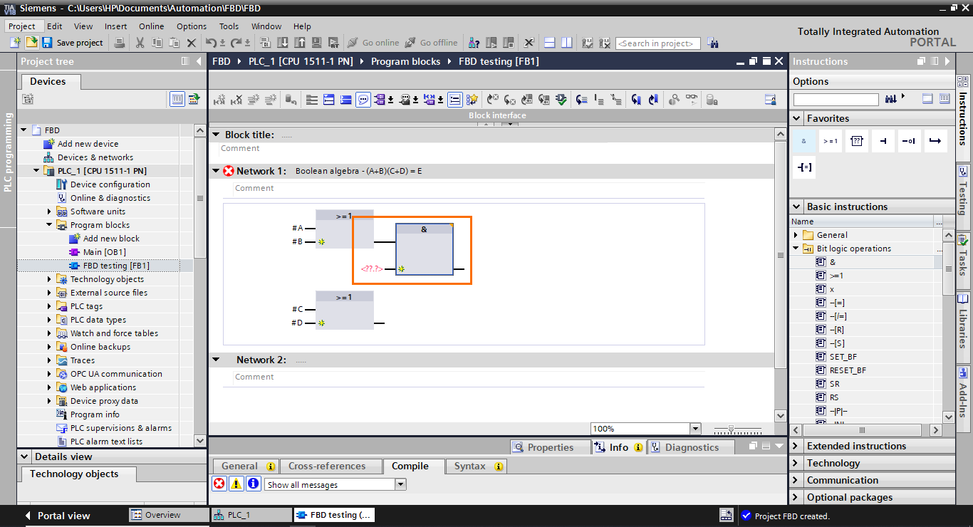 Figure 2.9 - TIA Portal Function Block Diagram (FBD) PLC Programming | AND block is created