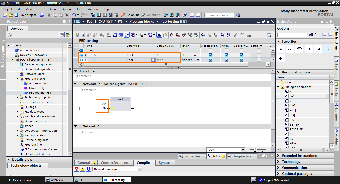 Figure 2.6 - TIA Portal Function Block Diagram (FBD) PLC Programming | Adding the inputs to the block