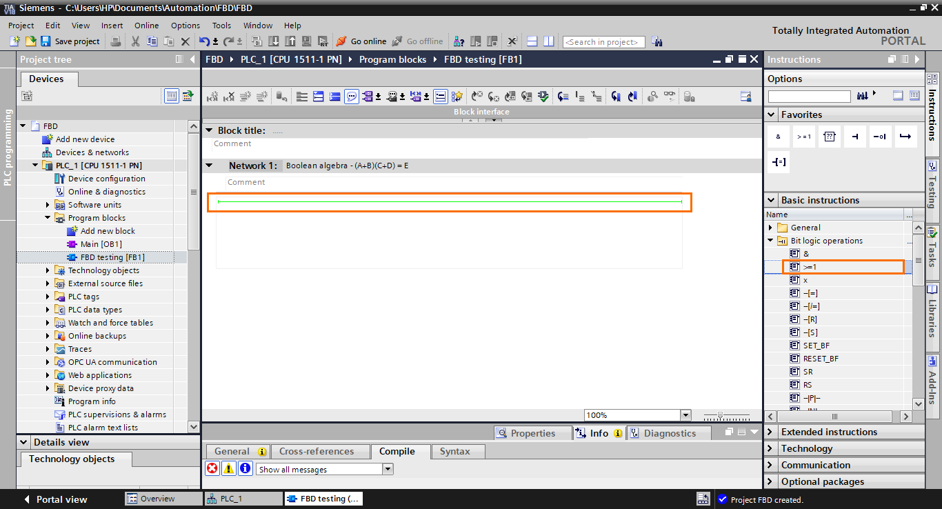 Figure 2.3 - TIA Portal Function Block Diagram (FBD) PLC Programming | Adding an OR function block