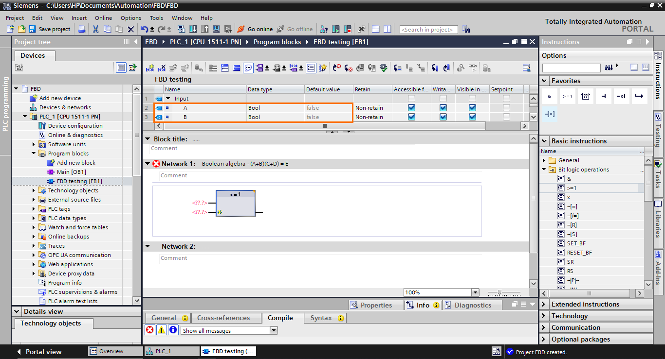 Figure 2.5 - TIA Portal Function Block Diagram (FBD) PLC Programming | Creating interface inputs