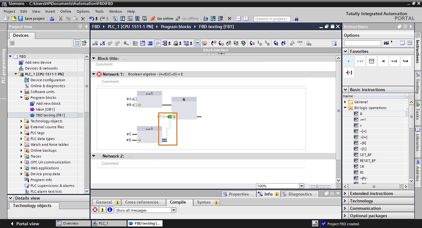 Figure 2.10 - TIA Portal Function Block Diagram (FBD) PLC Programming | Connecting the second OR block to the AND block