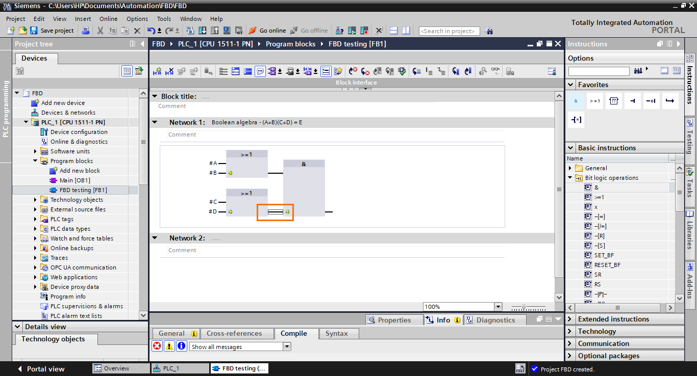 Figure 2.11 - TIA Portal Function Block Diagram (FBD) PLC Programming | The AND block is connected