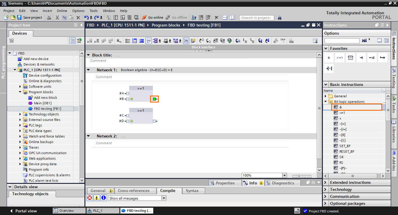 Figure 2.8 - TIA Portal Function Block Diagram (FBD) PLC Programming | Adding an AND block