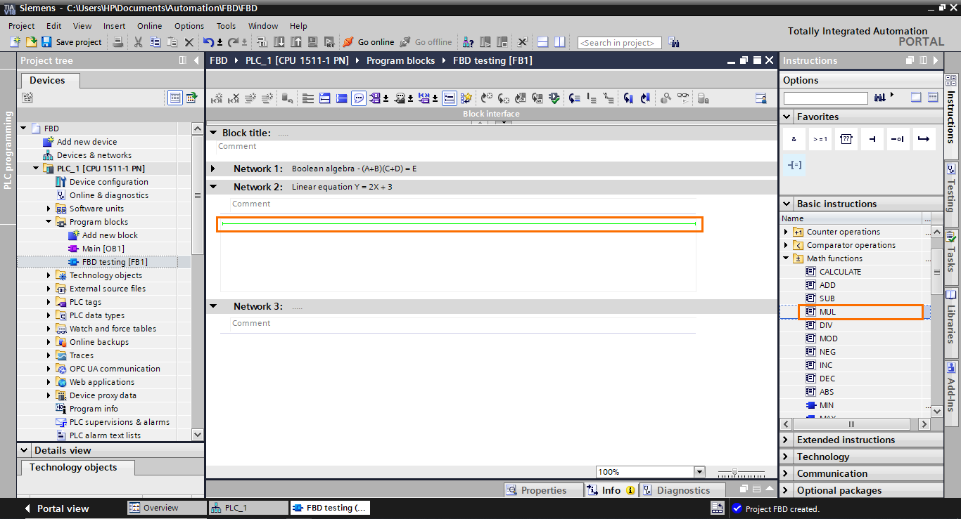 Figure 3.4 - TIA Portal Function Block Diagram (FBD) PLC Programming | Adding a multiplication block