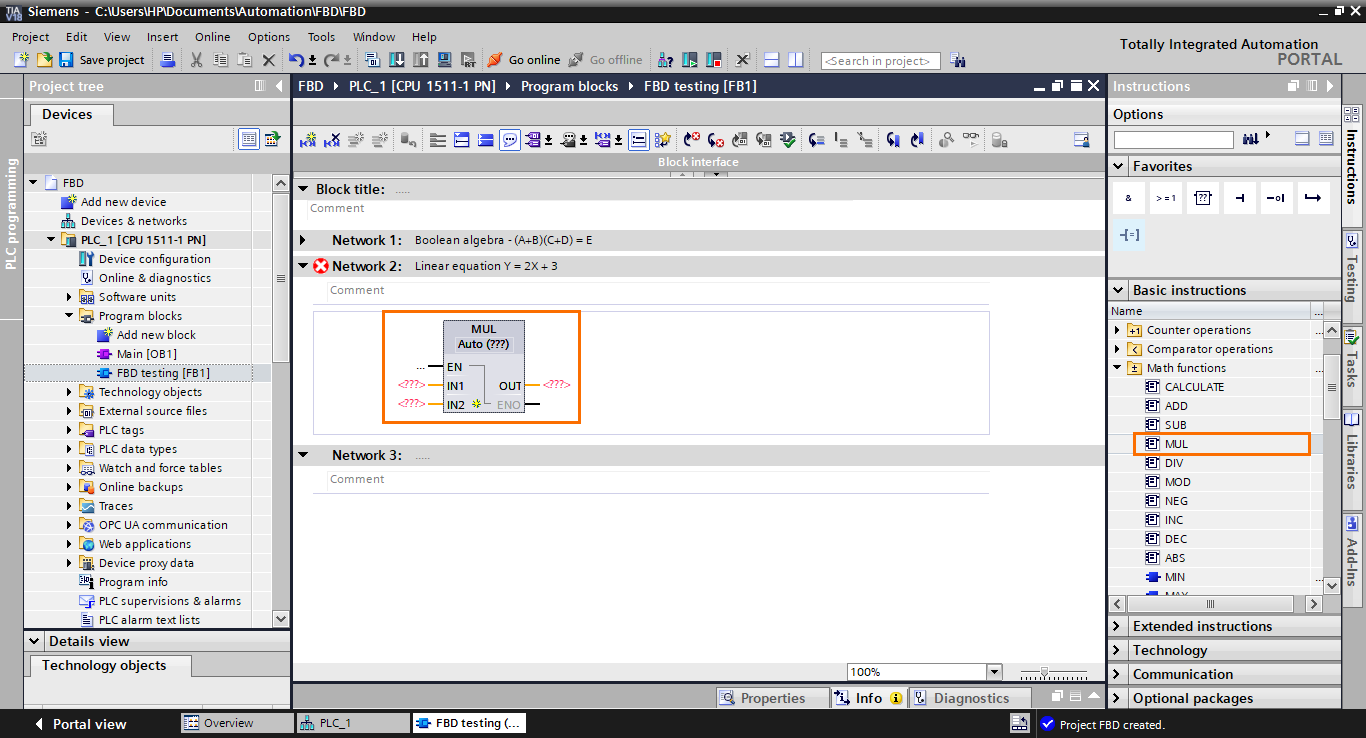 Figure 3.5 - TIA Portal Function Block Diagram (FBD) PLC Programming | The multiplication block is created