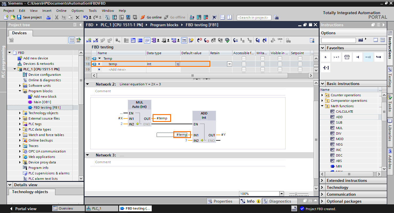 Figure 3.9 - TIA Portal Function Block Diagram (FBD) PLC Programming | Adding a temp element as a bridge